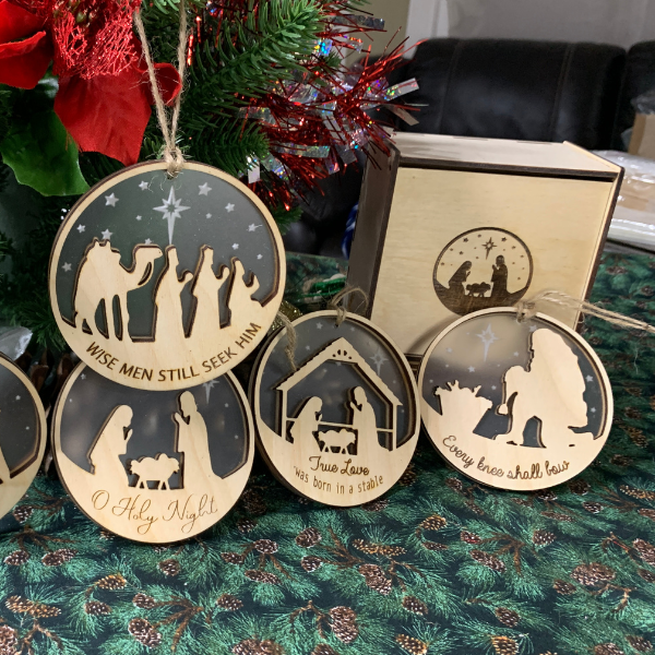 Nativity Scene Acrylic and Wood ornaments (set of 6)